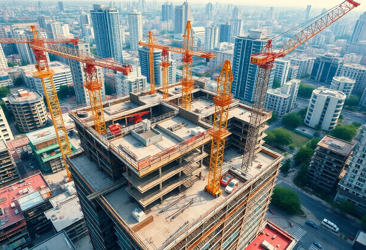 A bustling construction site in the UK with cranes and workers