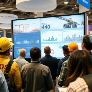 Conference booth showing AI-driven construction software dashboard with contractors viewing project P&L and multi-project tools