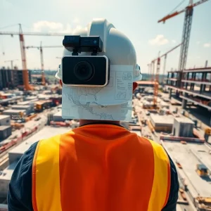 Construction site with digital data overlays, geotags and helmet-mounted camera