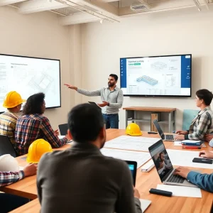 Experienced construction professionals mentoring younger engineers with blueprints and laptops in a classroom setting