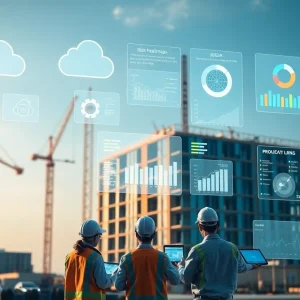 Construction site with cloud-based risk assessment dashboards and analytics overlays