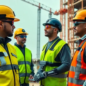 Construction site workers wearing smart helmets, connected vests and AR glasses using wearable technology for safety and tracking