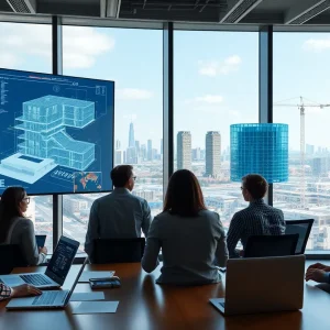 Engineers reviewing digital building plans with AI overlays in a modern office overlooking Denver skyline